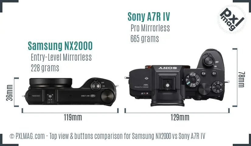 Samsung NX2000 vs Sony A7R IV top view buttons comparison