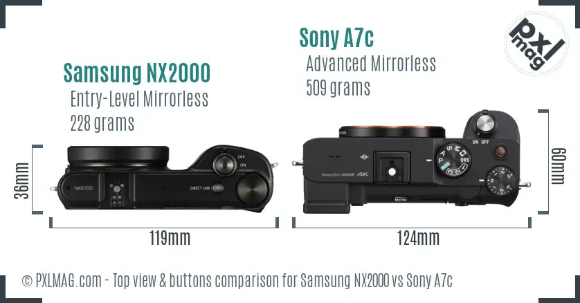 Samsung NX2000 vs Sony A7c top view buttons comparison