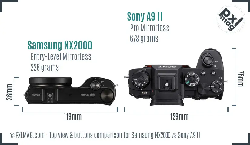 Samsung NX2000 vs Sony A9 II top view buttons comparison