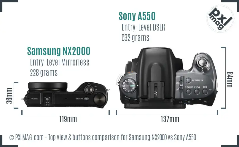 Samsung NX2000 vs Sony A550 top view buttons comparison