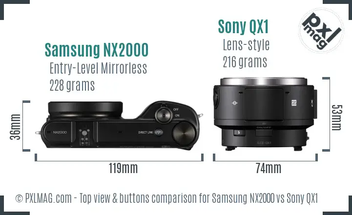 Samsung NX2000 vs Sony QX1 top view buttons comparison