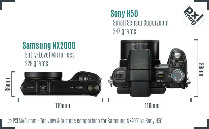 Samsung NX2000 vs Sony H50 top view buttons comparison