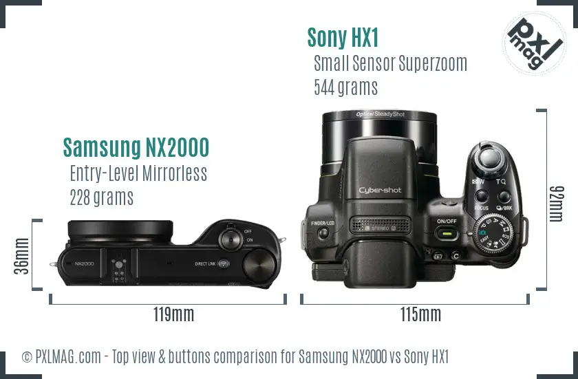 Samsung NX2000 vs Sony HX1 top view buttons comparison