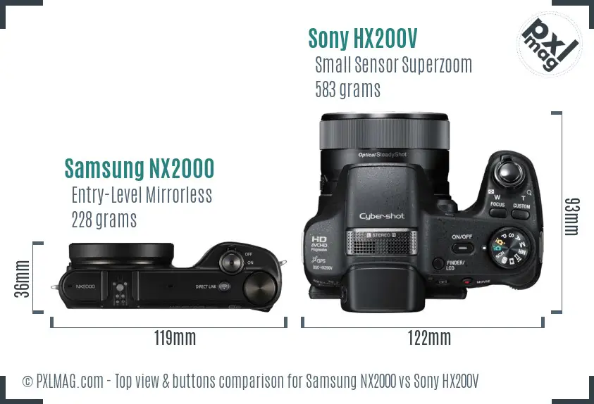 Samsung NX2000 vs Sony HX200V top view buttons comparison