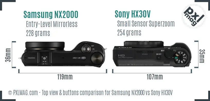 Samsung NX2000 vs Sony HX30V top view buttons comparison