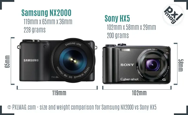 Samsung NX2000 vs Sony HX5 size comparison