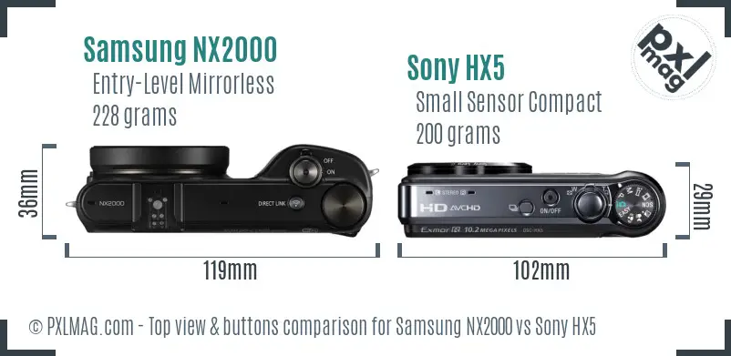 Samsung NX2000 vs Sony HX5 top view buttons comparison