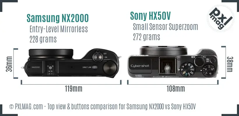 Samsung NX2000 vs Sony HX50V top view buttons comparison