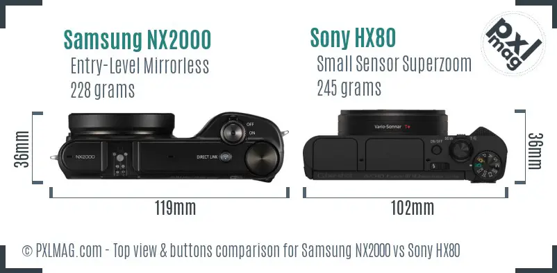 Samsung NX2000 vs Sony HX80 top view buttons comparison