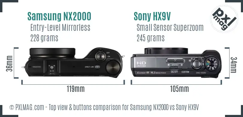 Samsung NX2000 vs Sony HX9V top view buttons comparison