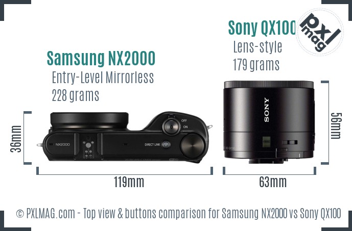 Samsung NX2000 vs Sony QX100 top view buttons comparison