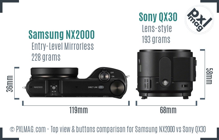 Samsung NX2000 vs Sony QX30 top view buttons comparison