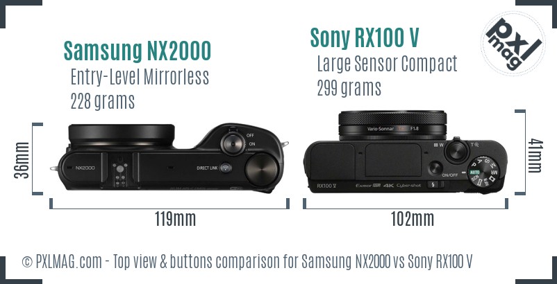 Samsung NX2000 vs Sony RX100 V top view buttons comparison