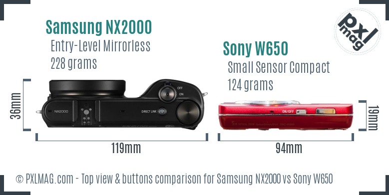 Samsung NX2000 vs Sony W650 top view buttons comparison