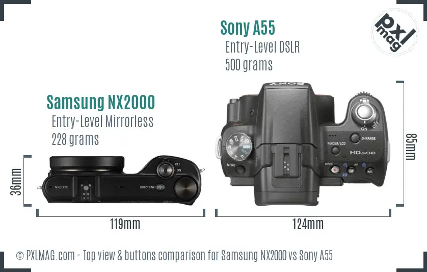 Samsung NX2000 vs Sony A55 top view buttons comparison