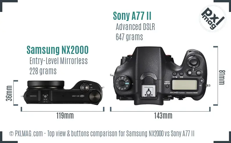 Samsung NX2000 vs Sony A77 II top view buttons comparison