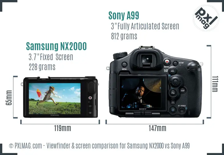 Samsung NX2000 vs Sony A99 Screen and Viewfinder comparison