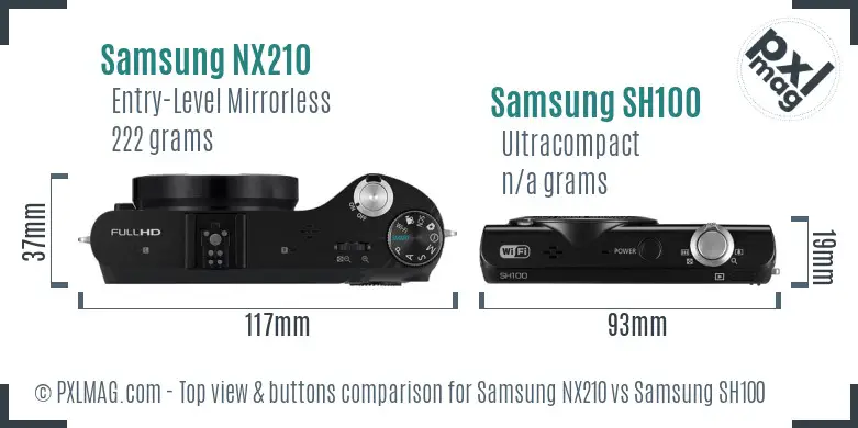 Samsung NX210 vs Samsung SH100 top view buttons comparison