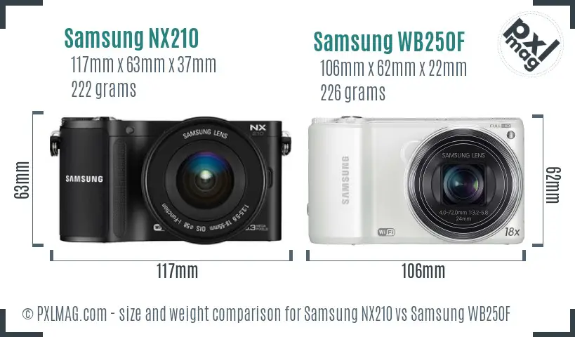 Samsung NX210 vs Samsung WB250F size comparison