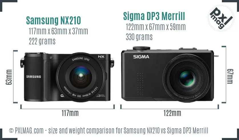 Samsung NX210 vs Sigma DP3 Merrill size comparison