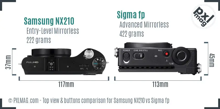 Samsung NX210 vs Sigma fp top view buttons comparison