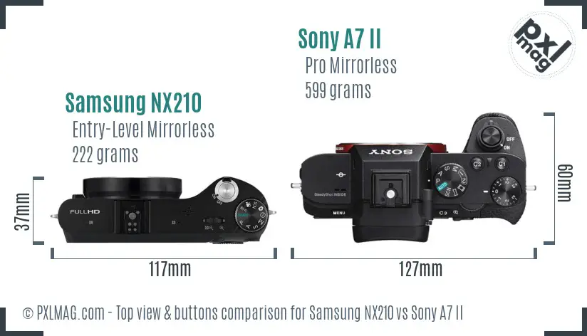 Samsung NX210 vs Sony A7 II top view buttons comparison