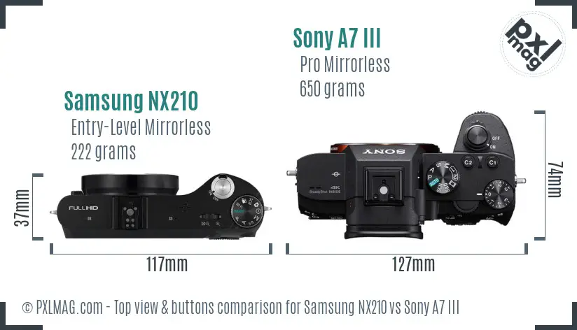 Samsung NX210 vs Sony A7 III top view buttons comparison