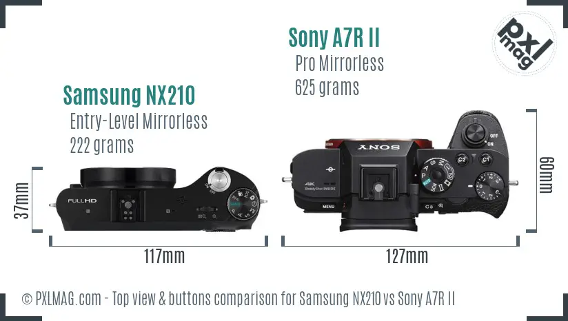 Samsung NX210 vs Sony A7R II top view buttons comparison