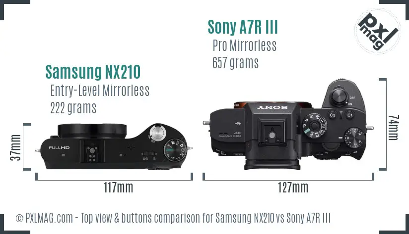 Samsung NX210 vs Sony A7R III top view buttons comparison