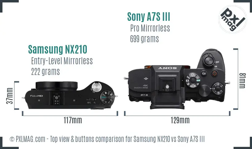 Samsung NX210 vs Sony A7S III top view buttons comparison