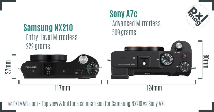 Samsung NX210 vs Sony A7c top view buttons comparison