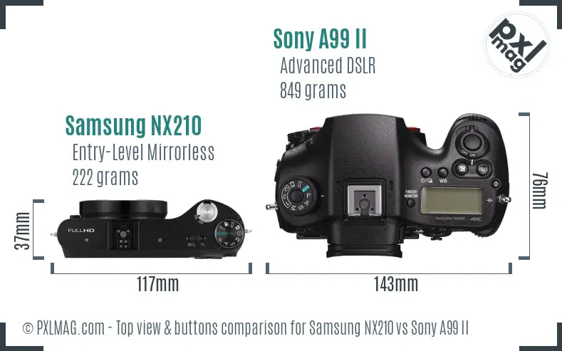 Samsung NX210 vs Sony A99 II top view buttons comparison
