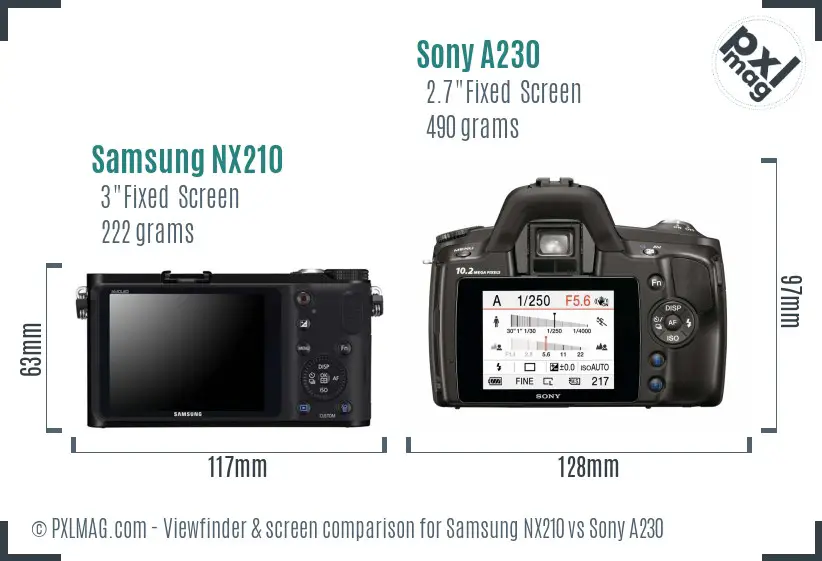 Samsung NX210 vs Sony A230 Screen and Viewfinder comparison