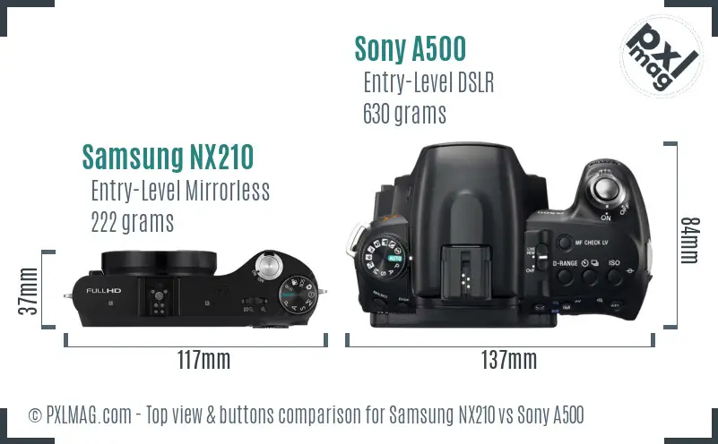 Samsung NX210 vs Sony A500 top view buttons comparison
