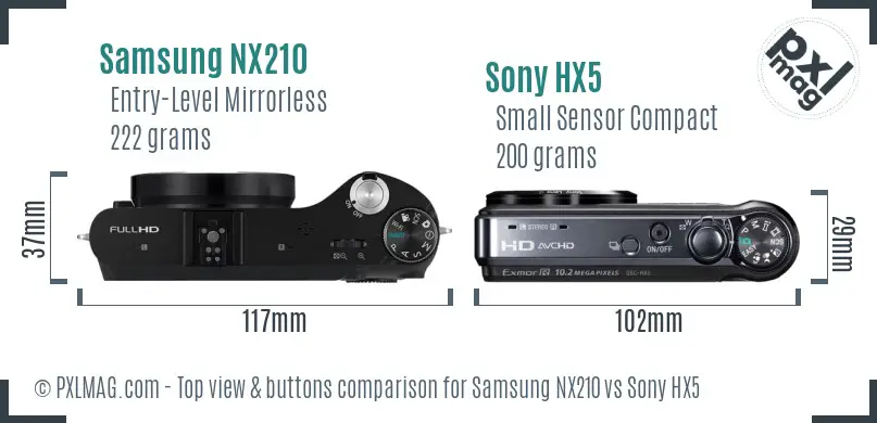 Samsung NX210 vs Sony HX5 top view buttons comparison