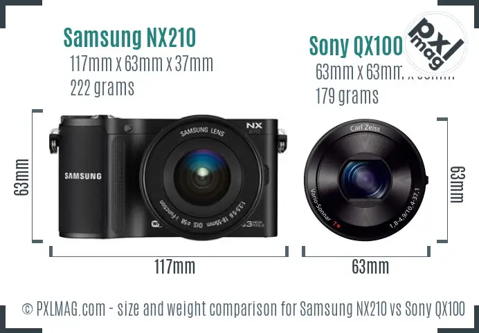 Samsung NX210 vs Sony QX100 size comparison