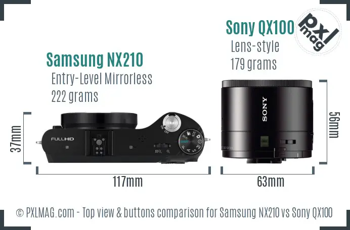 Samsung NX210 vs Sony QX100 top view buttons comparison