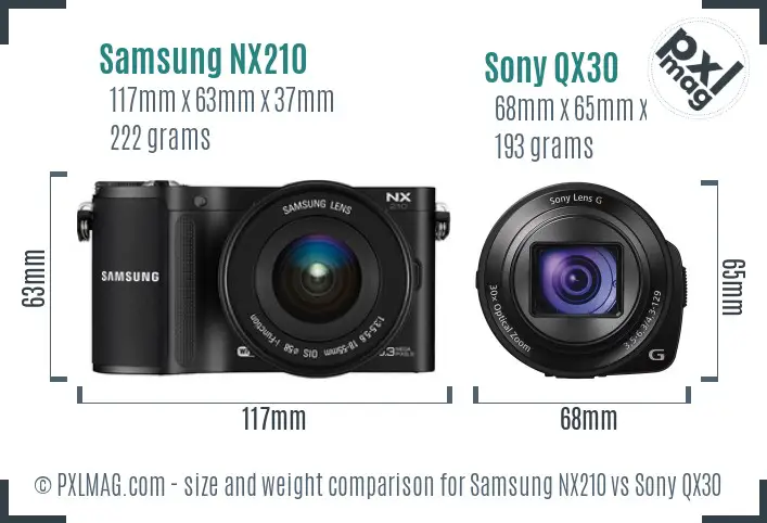 Samsung NX210 vs Sony QX30 size comparison