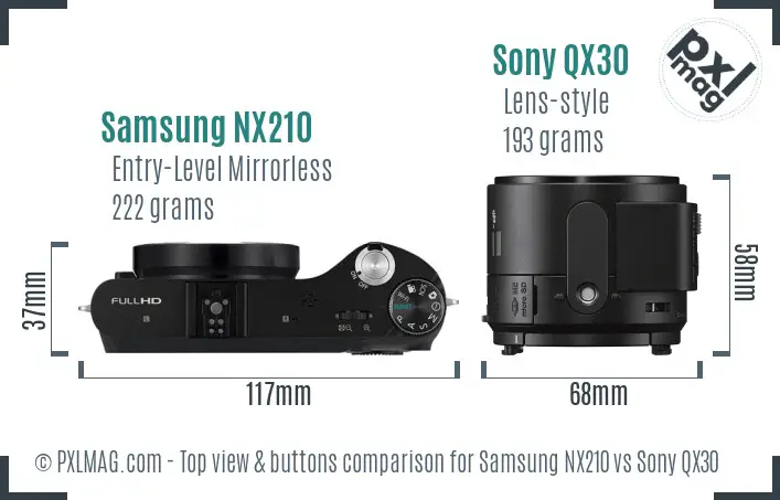 Samsung NX210 vs Sony QX30 top view buttons comparison