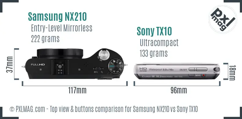 Samsung NX210 vs Sony TX10 top view buttons comparison