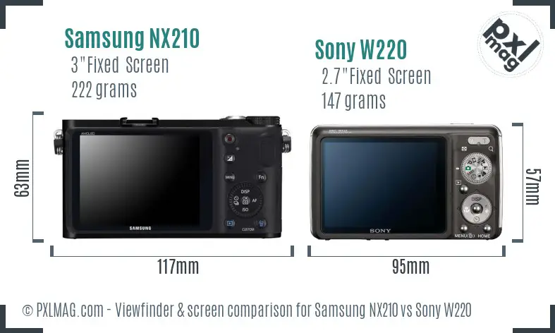 Samsung NX210 vs Sony W220 Screen and Viewfinder comparison