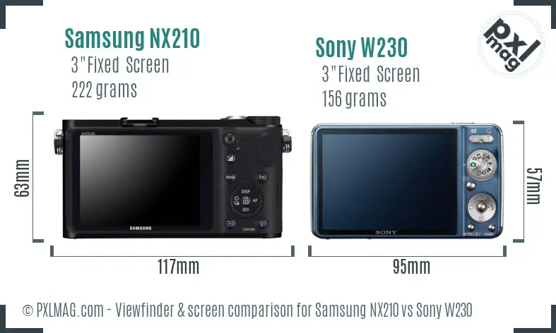 Samsung NX210 vs Sony W230 Screen and Viewfinder comparison