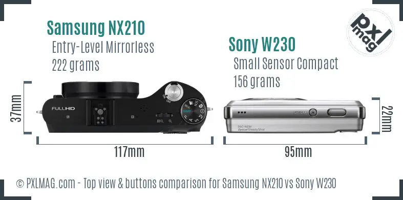 Samsung NX210 vs Sony W230 top view buttons comparison