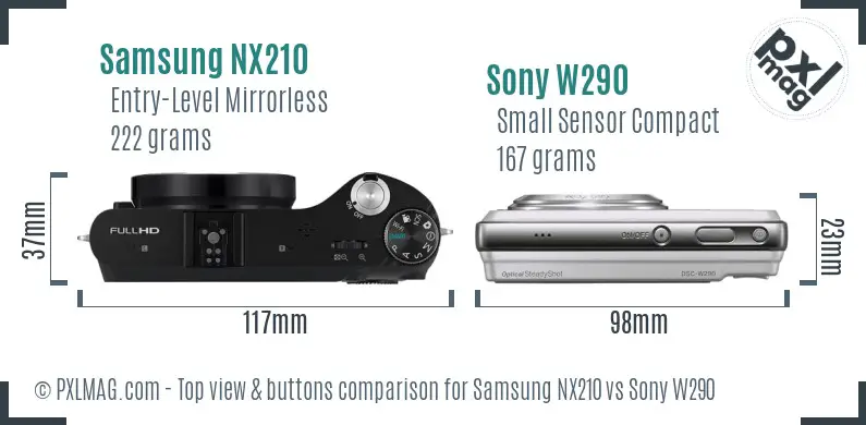 Samsung NX210 vs Sony W290 top view buttons comparison