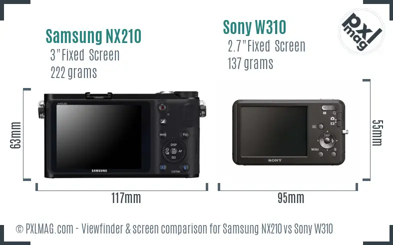Samsung NX210 vs Sony W310 Screen and Viewfinder comparison
