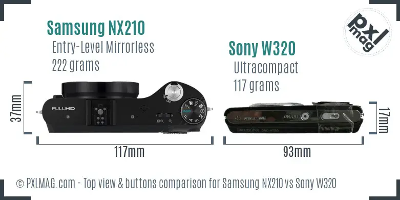 Samsung NX210 vs Sony W320 top view buttons comparison