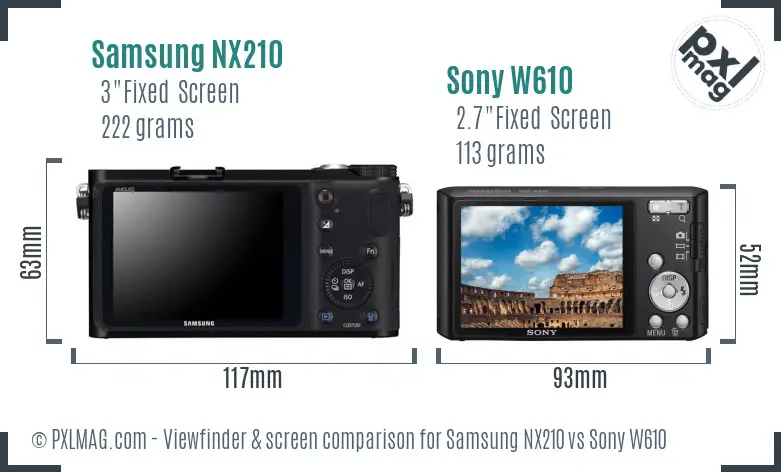 Samsung NX210 vs Sony W610 Screen and Viewfinder comparison