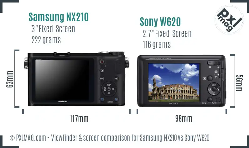 Samsung NX210 vs Sony W620 Screen and Viewfinder comparison