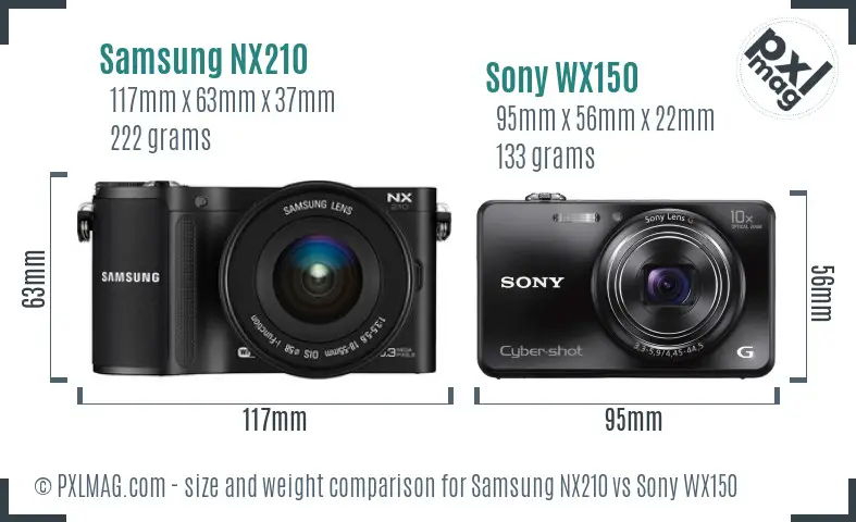 Samsung NX210 vs Sony WX150 size comparison