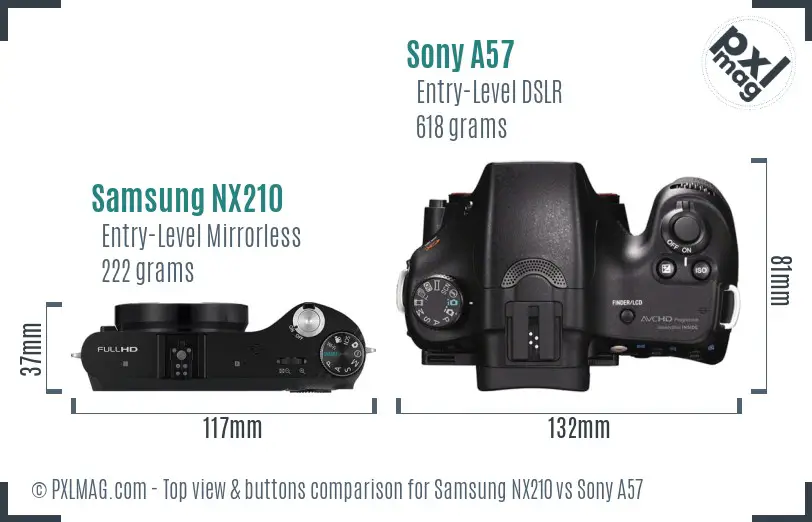 Samsung NX210 vs Sony A57 top view buttons comparison